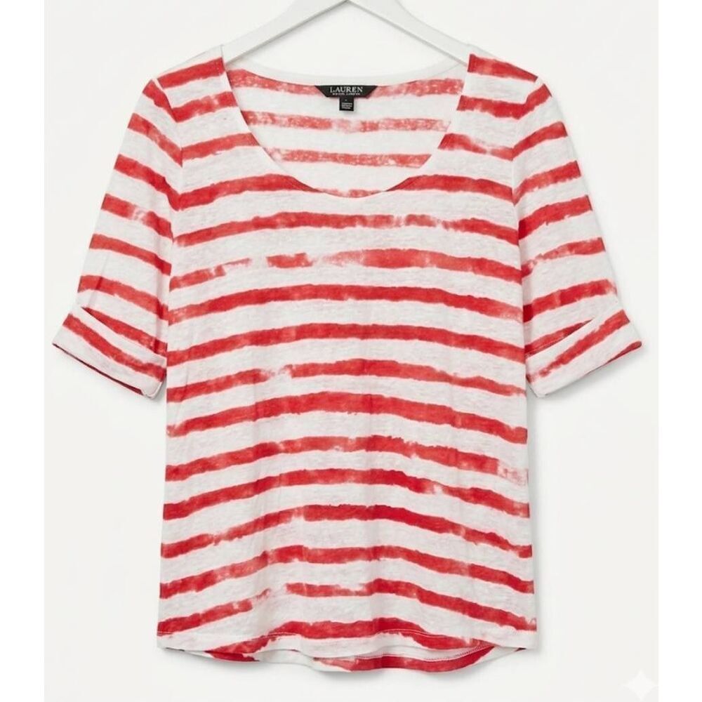 Ralph Lauren womens large 100% linen tshirt scoop neck red white stripe